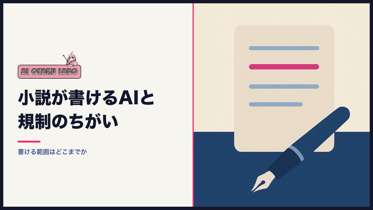 元記事のアイキャッチ。小説が書けるAIと規制のちがい