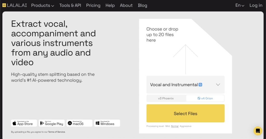 LALAL.AIの音源アップロード画面