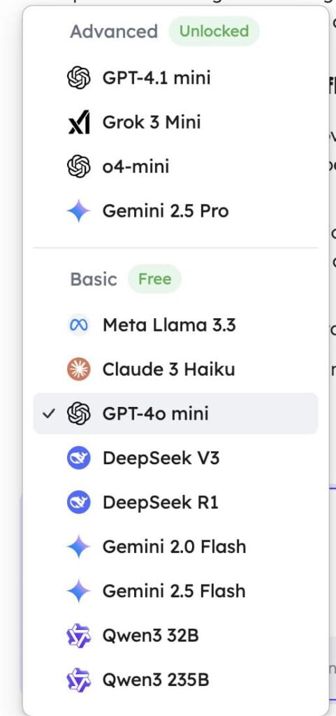 EaseMate ChatPDFの元記事掲載モデル選択メニュー