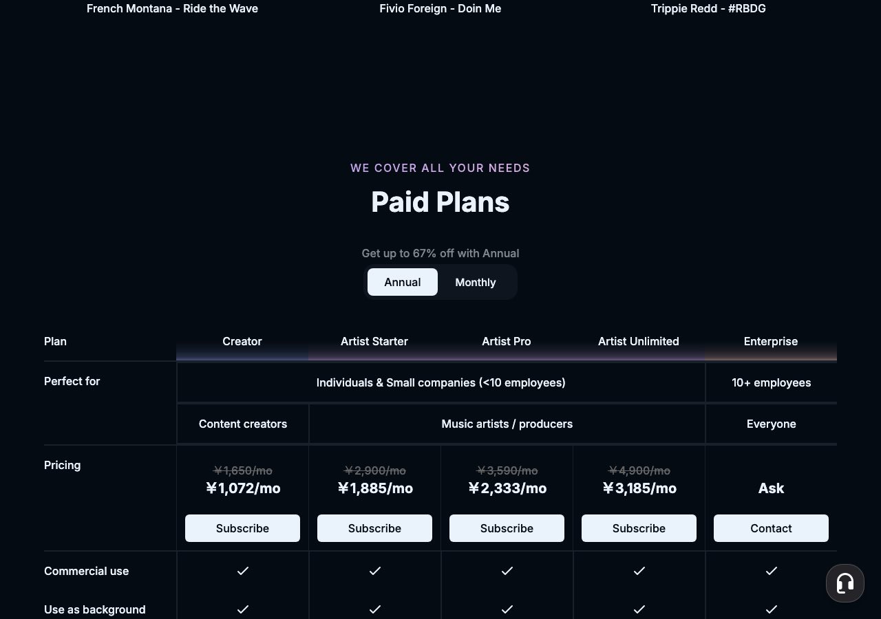 元記事に掲載されたSOUNDRAWの料金ページ。日本円で表示される