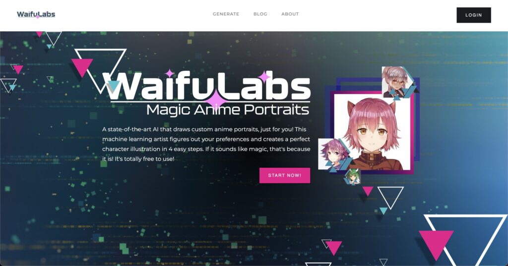 元記事掲載のWaifu Labs。アニメポートレートを作るサービスの紹介画面