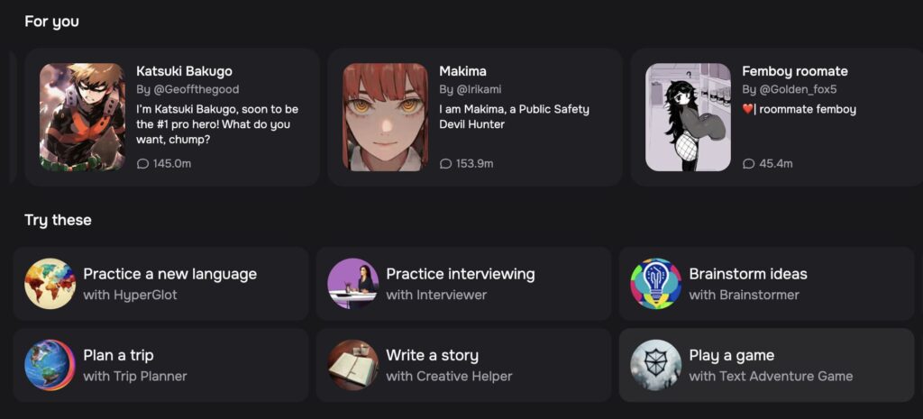 元記事のCharacter AI画面。用途の異なるキャラクターのカードが並んでいる