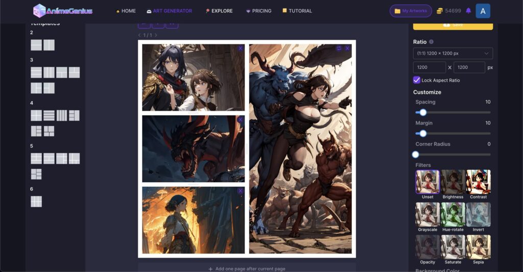 AnimeGeniusで各コマに画像を配置した、元記事の制作途中の画面